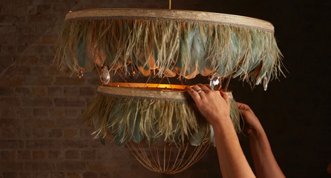 Green feather lampshade. Feather light shade with crystals