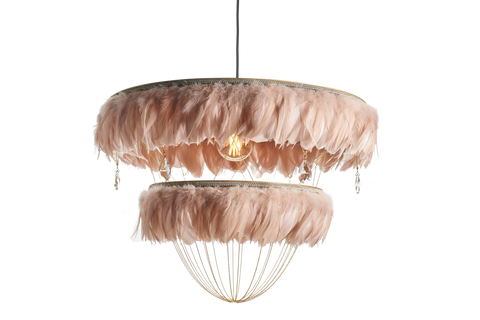 Blush pink feather chandelier. Pink feather light shade. Decadent feather lamp shade