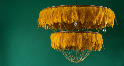 Yellow feather chandelier. Yellow feather lamp shade. Yellow feather light shade.