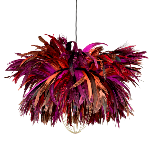 Light shade with feathers, orange feathers pink feathers and red feathers. Statement lighting.