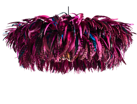 Large exuberant feather light shade with pink feathers hanging fro a black lighting cable