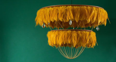 Yellow feather chandelier. Yellow feather lamp shade. Yellow feather light shade. 