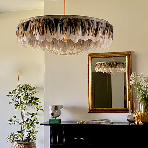 Living room lighting. Feather light shade in natural colours. A textural home. Living room lighting