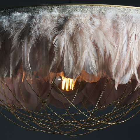Textured lighting. Blush pink feather light shade with chains. Gloria feather light fitting.