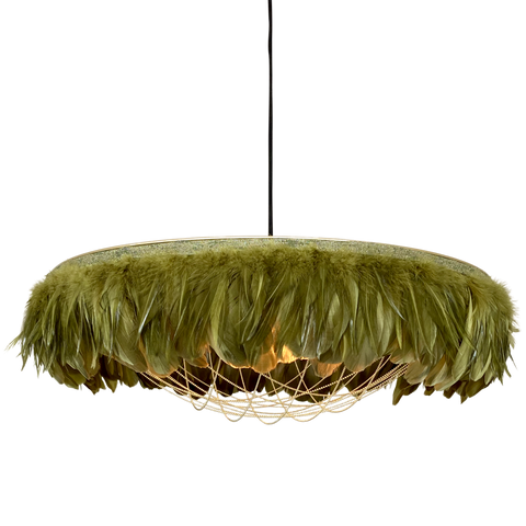 Olive green feather light shade with chains. Perfect dining room lighting.Statement lighting